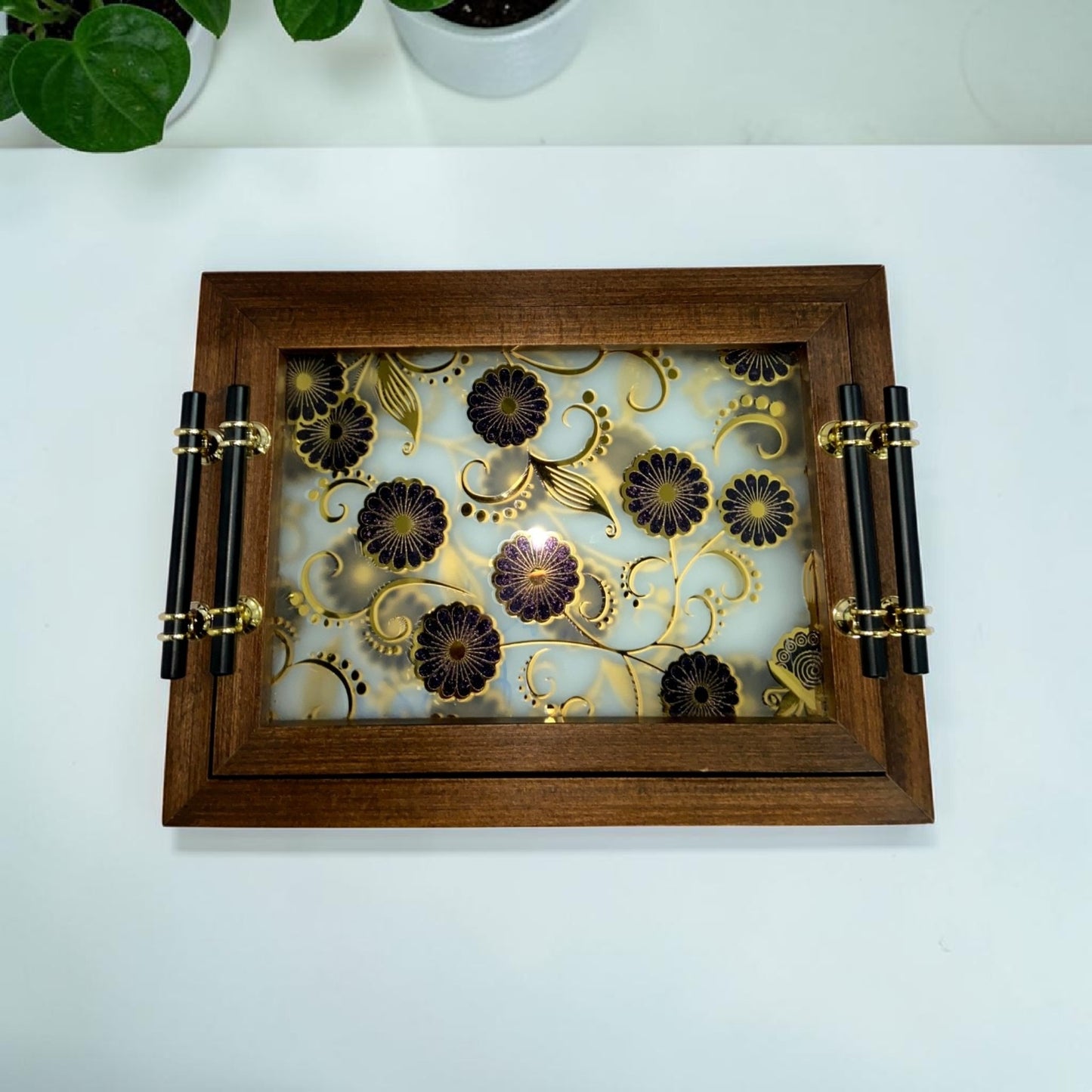 Botanical Patterned Wood Serving Tray Set (Set of 2)