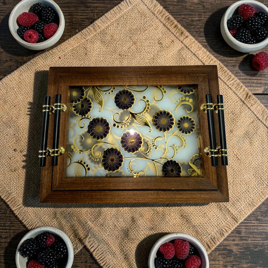 Botanical Patterned Wood Serving Tray Set (Set of 2)